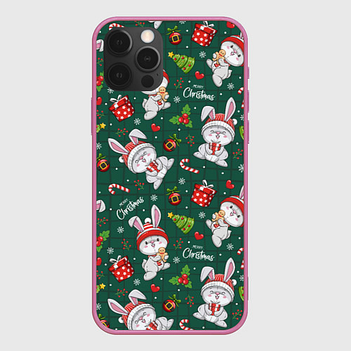 Чехол iPhone 12 Pro Max Новогодние кролики - паттерн / 3D-Малиновый – фото 1