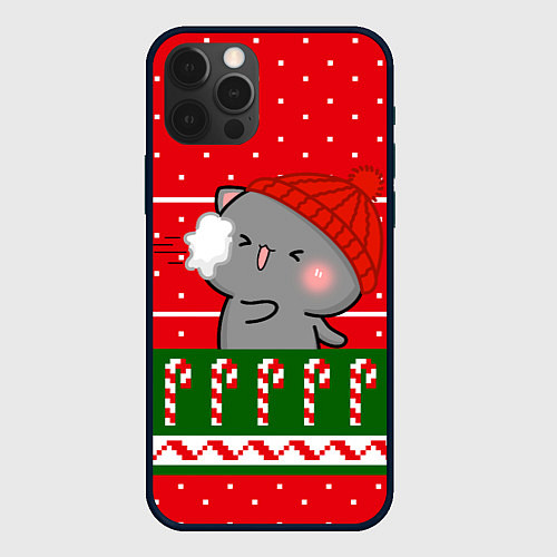 Чехол iPhone 12 Pro Max Серый котик - игра в снежки / 3D-Черный – фото 1