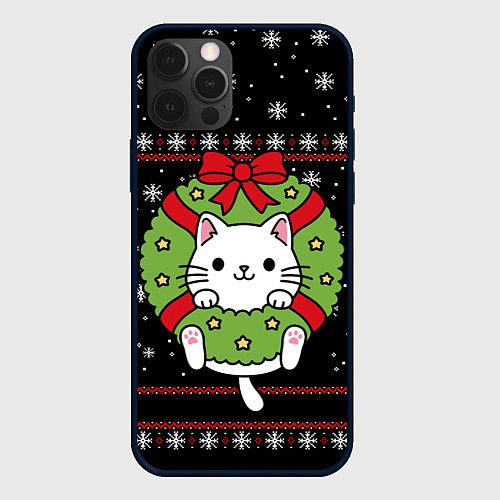 Чехол iPhone 12 Pro Max Рождественский венок с котиком / 3D-Черный – фото 1