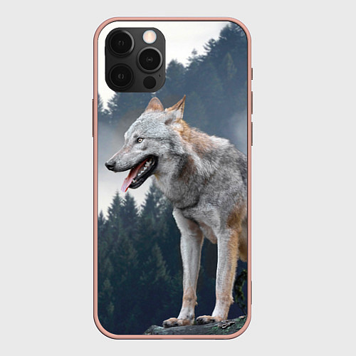 Чехол iPhone 12 Pro Max Волк на фоне леса / 3D-Светло-розовый – фото 1