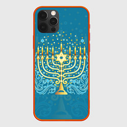 Чехол iPhone 12 Pro Max Золотая менора с синим цветочным орнаментом