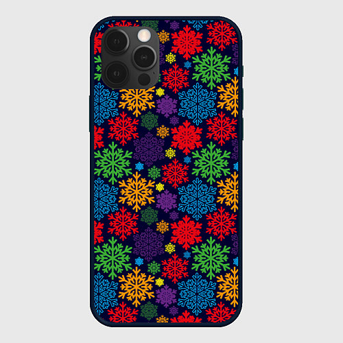 Чехол iPhone 12 Pro Max Снежинки разноцветные / 3D-Черный – фото 1