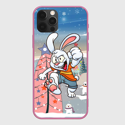 Чехол iPhone 12 Pro Max Веселый заяц на фоне елки / 3D-Малиновый – фото 1