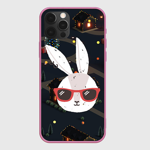 Чехол iPhone 12 Pro Max Зайчик в очках новый год / 3D-Малиновый – фото 1