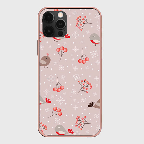 Чехол iPhone 12 Pro Max Птицы снегири и зимние ягоды / 3D-Светло-розовый – фото 1