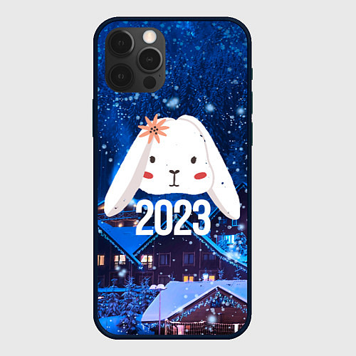 Чехол iPhone 12 Pro Max Белый крольчонок с цветком / 3D-Черный – фото 1