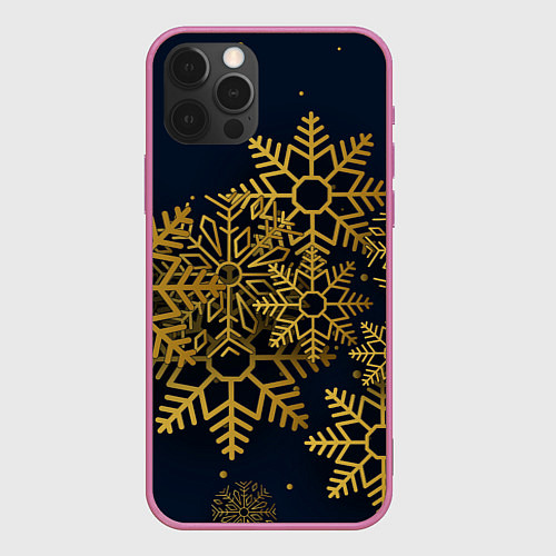 Чехол iPhone 12 Pro Max Золотые снежинки / 3D-Малиновый – фото 1