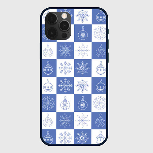 Чехол iPhone 12 Pro Max Сине-белые квадраты со снежинками / 3D-Черный – фото 1