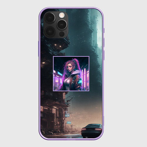 Чехол iPhone 12 Pro Max Sci-fi girl and cyberpunk vibes / 3D-Сиреневый – фото 1