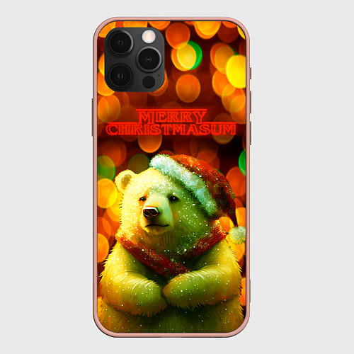 Чехол iPhone 12 Pro Max Merry Christmas белый медвежонок / 3D-Светло-розовый – фото 1