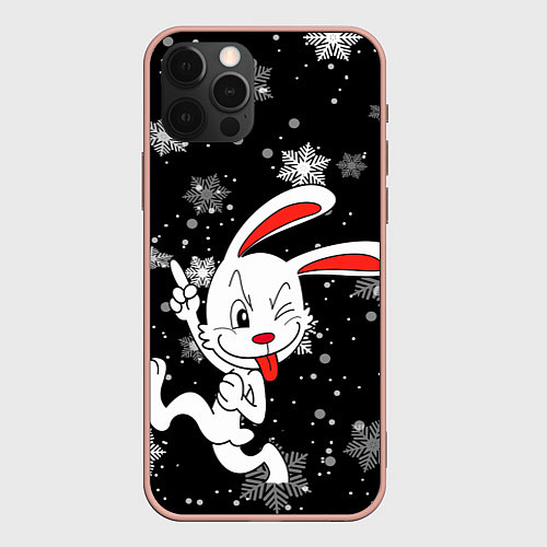 Чехол iPhone 12 Pro Max Подмигивающий кролик в снежинках / 3D-Светло-розовый – фото 1