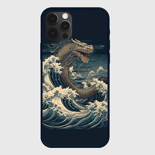 Чехол iPhone 12 Pro Max Морской дракон в японском стиле / 3D-Черный – фото 1