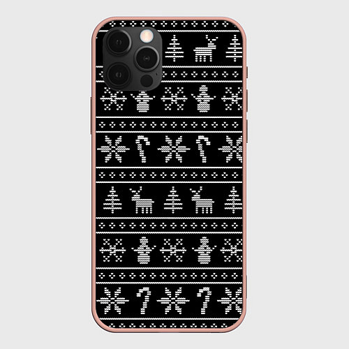 Чехол iPhone 12 Pro Max Узор с ёлками снежинками и оленями / 3D-Светло-розовый – фото 1