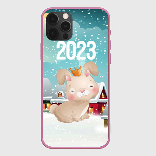 Чехол iPhone 12 Pro Max Новый год 2023 милая зайка / 3D-Малиновый – фото 1