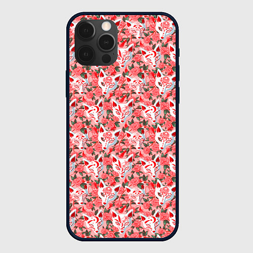 Чехол iPhone 12 Pro Max Маски лисиц кицунэ и цветущая камелия / 3D-Черный – фото 1