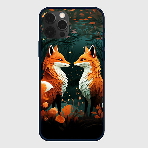 Чехол iPhone 12 Pro Max Две лисоньки в стиле Folk Art / 3D-Черный – фото 1