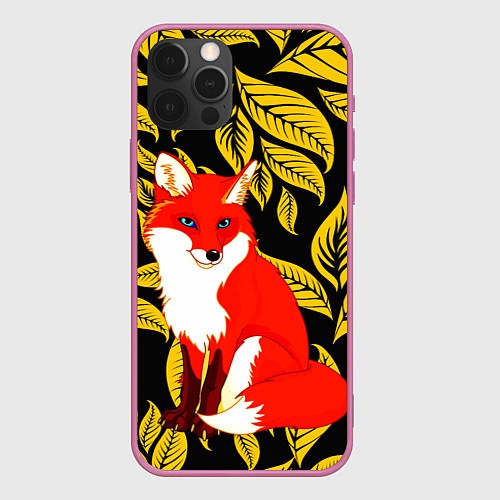 Чехол iPhone 12 Pro Max Лиса на фоне жёлтых листьев / 3D-Малиновый – фото 1