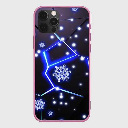 Чехол iPhone 12 Pro Max Снежинки в неоновом разломе плит / 3D-Малиновый – фото 1