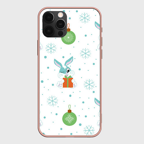 Чехол iPhone 12 Pro Max Кролик с подарком и новогодними шариками / 3D-Светло-розовый – фото 1
