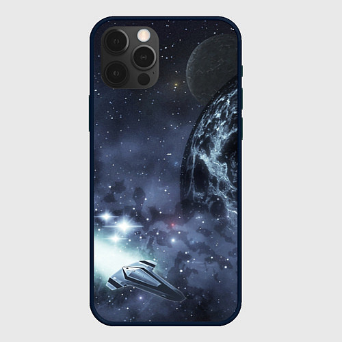 Чехол iPhone 12 Pro Max Космос, планета и корабль / 3D-Черный – фото 1