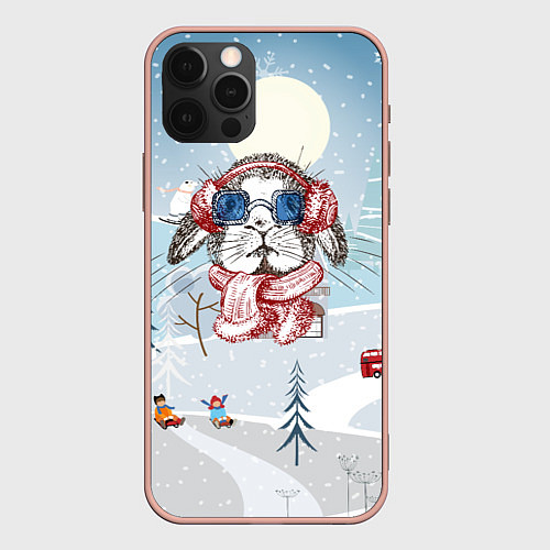 Чехол iPhone 12 Pro Max Кролик в очках новый год / 3D-Светло-розовый – фото 1