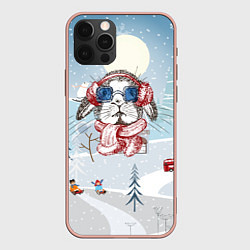 Чехол для iPhone 12 Pro Max Кролик в очках новый год, цвет: 3D-светло-розовый