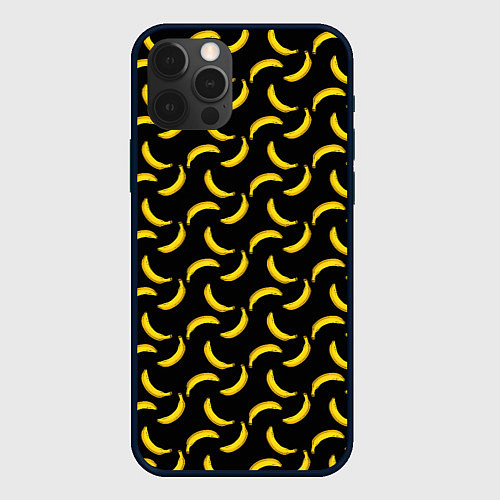 Чехол iPhone 12 Pro Max Бананы паттерн на чёрном фоне / 3D-Черный – фото 1