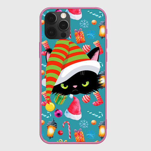 Чехол iPhone 12 Pro Max Новогодний котик / 3D-Малиновый – фото 1