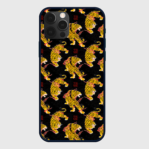 Чехол iPhone 12 Pro Max Золотые японские тигры / 3D-Черный – фото 1