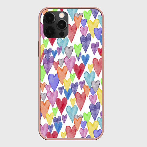 Чехол iPhone 12 Pro Max Разноцветные сердечки Калейдоскоп / 3D-Светло-розовый – фото 1