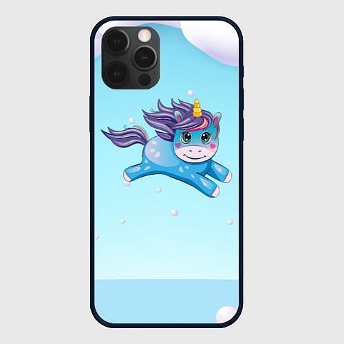 Чехол iPhone 12 Pro Max Синий единорог в прыжке / 3D-Черный – фото 1