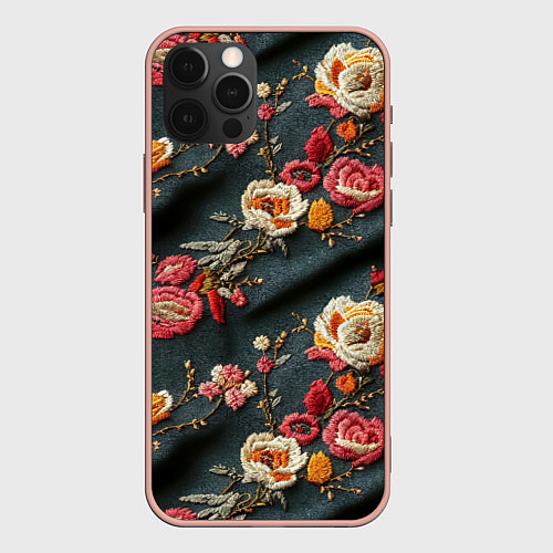Чехол iPhone 12 Pro Max Эффект вышивки разные цветы / 3D-Светло-розовый – фото 1