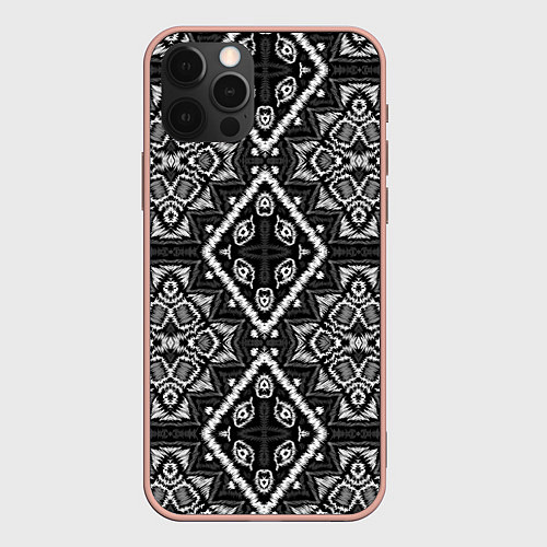 Чехол iPhone 12 Pro Max Черно-белый этнический восточный орнамент / 3D-Светло-розовый – фото 1