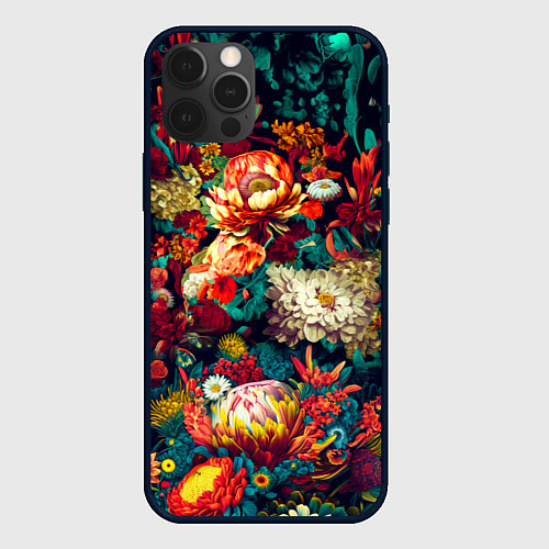 Чехол iPhone 12 Pro Max Цветочный паттерн с цветами и листьями / 3D-Черный – фото 1