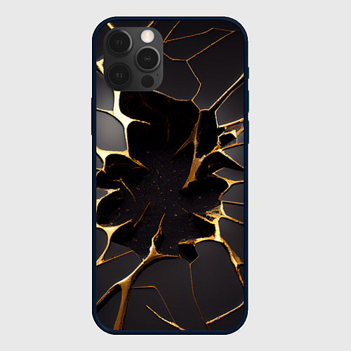 Чехол iPhone 12 Pro Max Трещины в пропасть: черно-золотой узор / 3D-Черный – фото 1