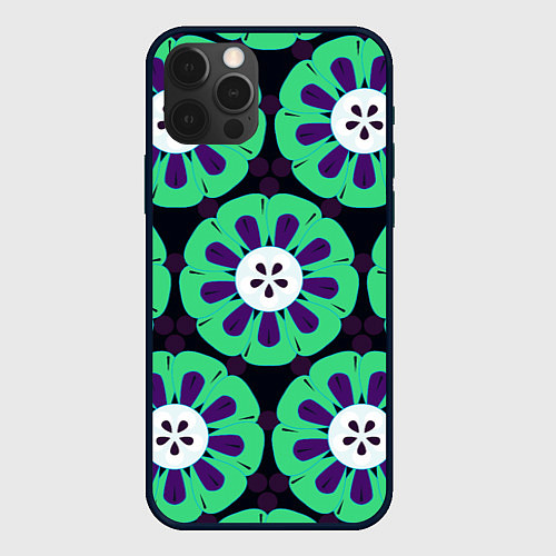 Чехол iPhone 12 Pro Max Паттерн голубо-зеленые зубастые цветы / 3D-Черный – фото 1