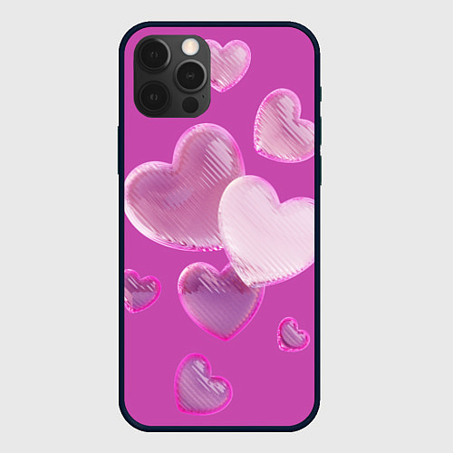Чехол iPhone 12 Pro Max Сердца на розовов фоне / 3D-Черный – фото 1
