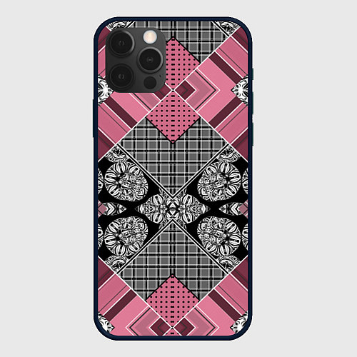Чехол iPhone 12 Pro Max Геометрический розово-черный с белым узор / 3D-Черный – фото 1