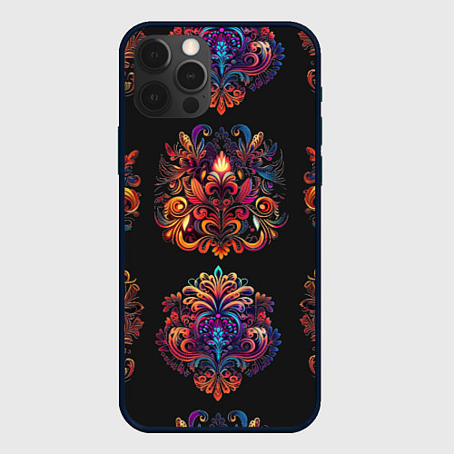 Чехол iPhone 12 Pro Max Русские орнаменты неон / 3D-Черный – фото 1