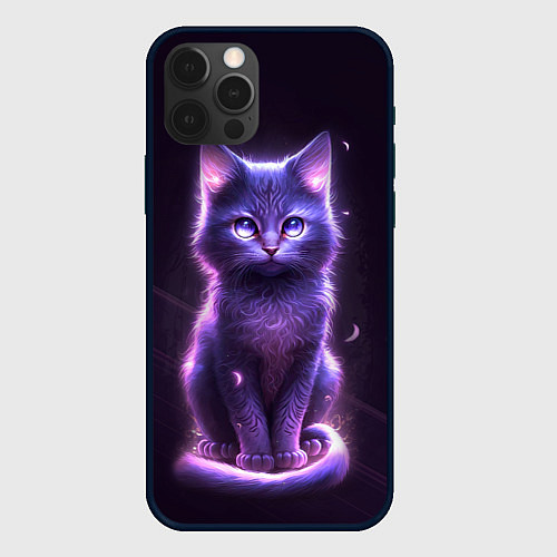 Чехол iPhone 12 Pro Max Неоновый котик в лесу / 3D-Черный – фото 1