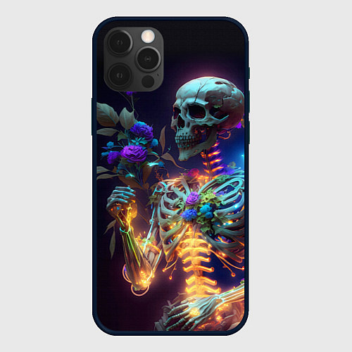 Чехол iPhone 12 Pro Max Светящийся скелет с цветами / 3D-Черный – фото 1