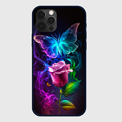 Чехол для iPhone 12 Pro Max Неоновая бабочка с цветком, цвет: 3D-черный