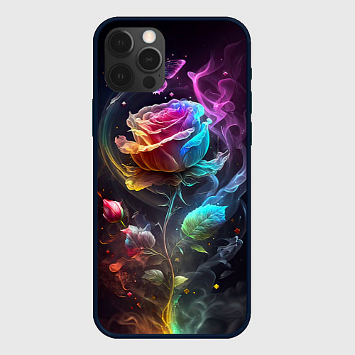 Чехол iPhone 12 Pro Max Неоновая бабочка над большой розой / 3D-Черный – фото 1