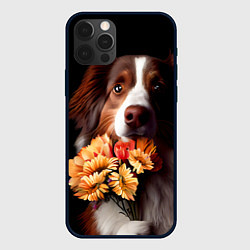 Чехол для iPhone 12 Pro Max Пёс держит букет цветов, цвет: 3D-черный