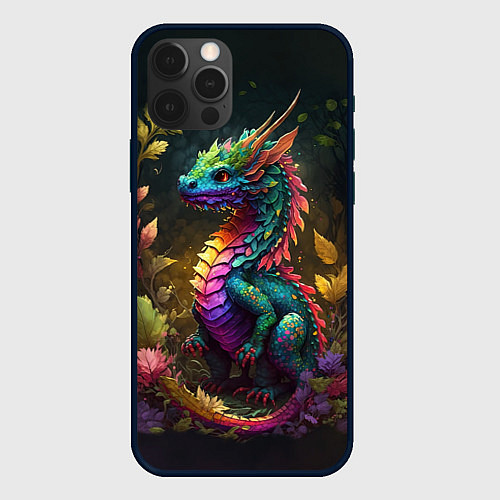 Чехол iPhone 12 Pro Max Разноцветный дракончик в лесу / 3D-Черный – фото 1