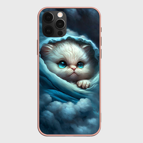 Чехол iPhone 12 Pro Max Котик в одеяльце в облаках / 3D-Светло-розовый – фото 1