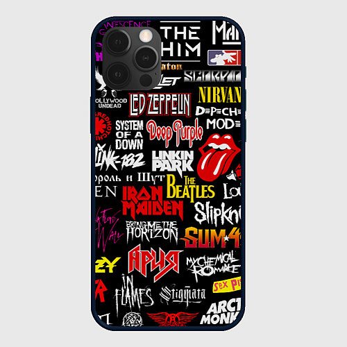 Чехол iPhone 12 Pro Max Логотипы рок групп цветные / 3D-Черный – фото 1