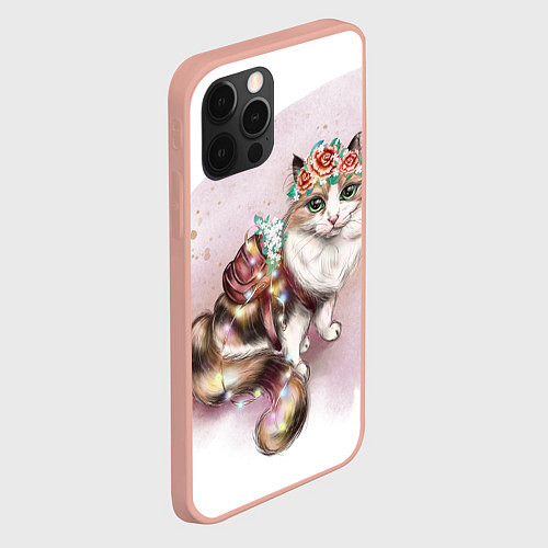 Чехол iPhone 12 Pro Max Милая кошечка с цветами / 3D-Светло-розовый – фото 2
