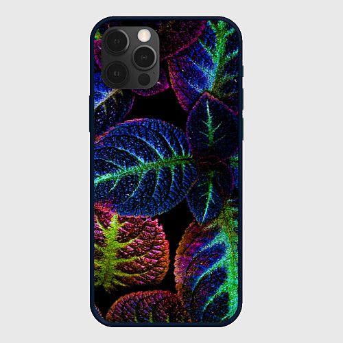 Чехол iPhone 12 Pro Max Неоновые листья растений / 3D-Черный – фото 1
