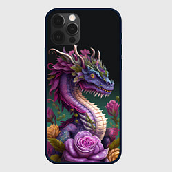 Чехол для iPhone 12 Pro Max Неоновый дракон с цветами, цвет: 3D-черный